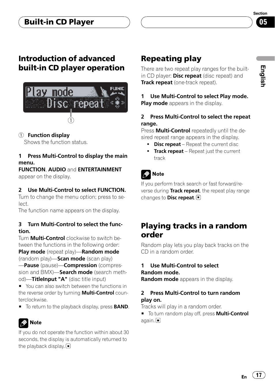 Introduction of advanced built-in cd player, Operation 17, Repeating play | Playing tracks in a random order, Built-in cd player | Pioneer DEH-P7750MP User Manual | Page 17 / 197