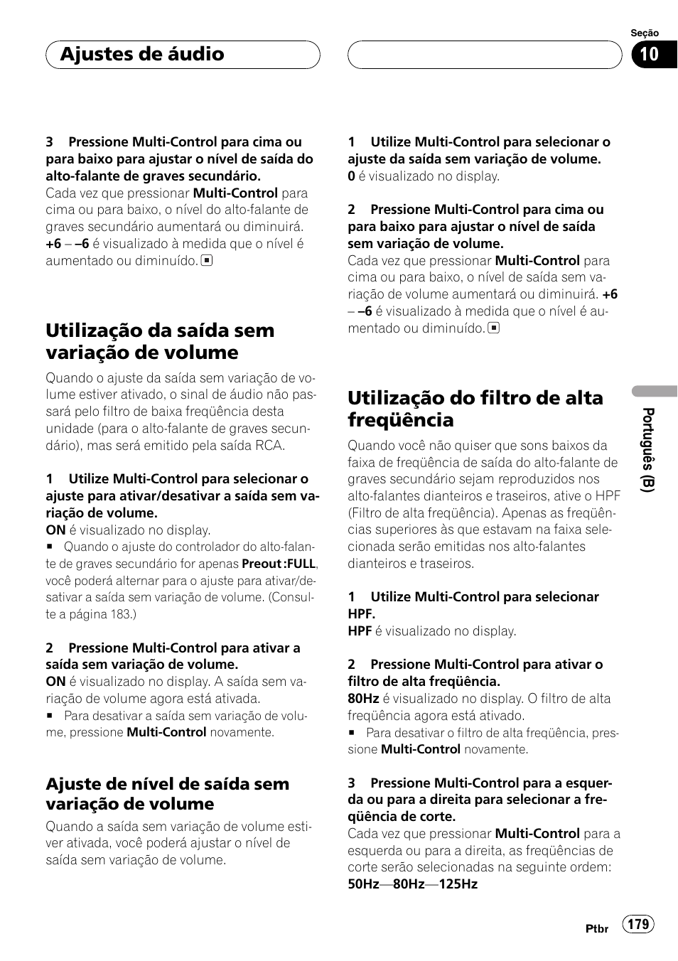 Utilização da saída sem variação de, Volume 179, Ajuste de nível de saída sem variação | De volume 179, Utilização do filtro de alta freqüência 179, Utilização da saída sem variação de volume, Utilização do filtro de alta freqüência, Ajustes de áudio | Pioneer DEH-P7750MP User Manual | Page 179 / 197