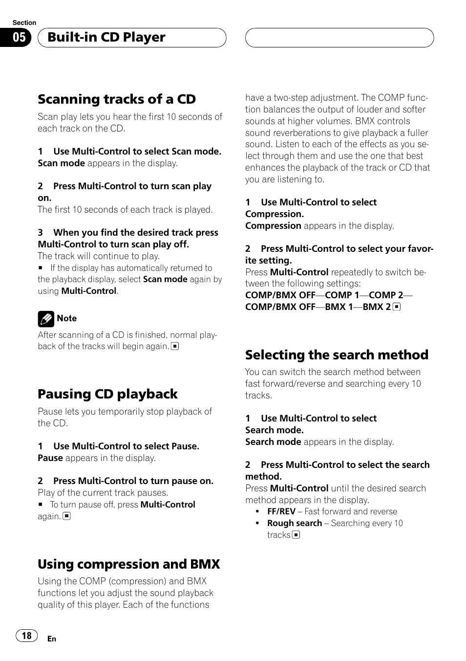 Scanning tracks of a cd, Pausing cd playback, Using compression and bmx | Selecting the search method, Built-in cd player | Pioneer DEH-P7750MP User Manual | Page 18 / 197