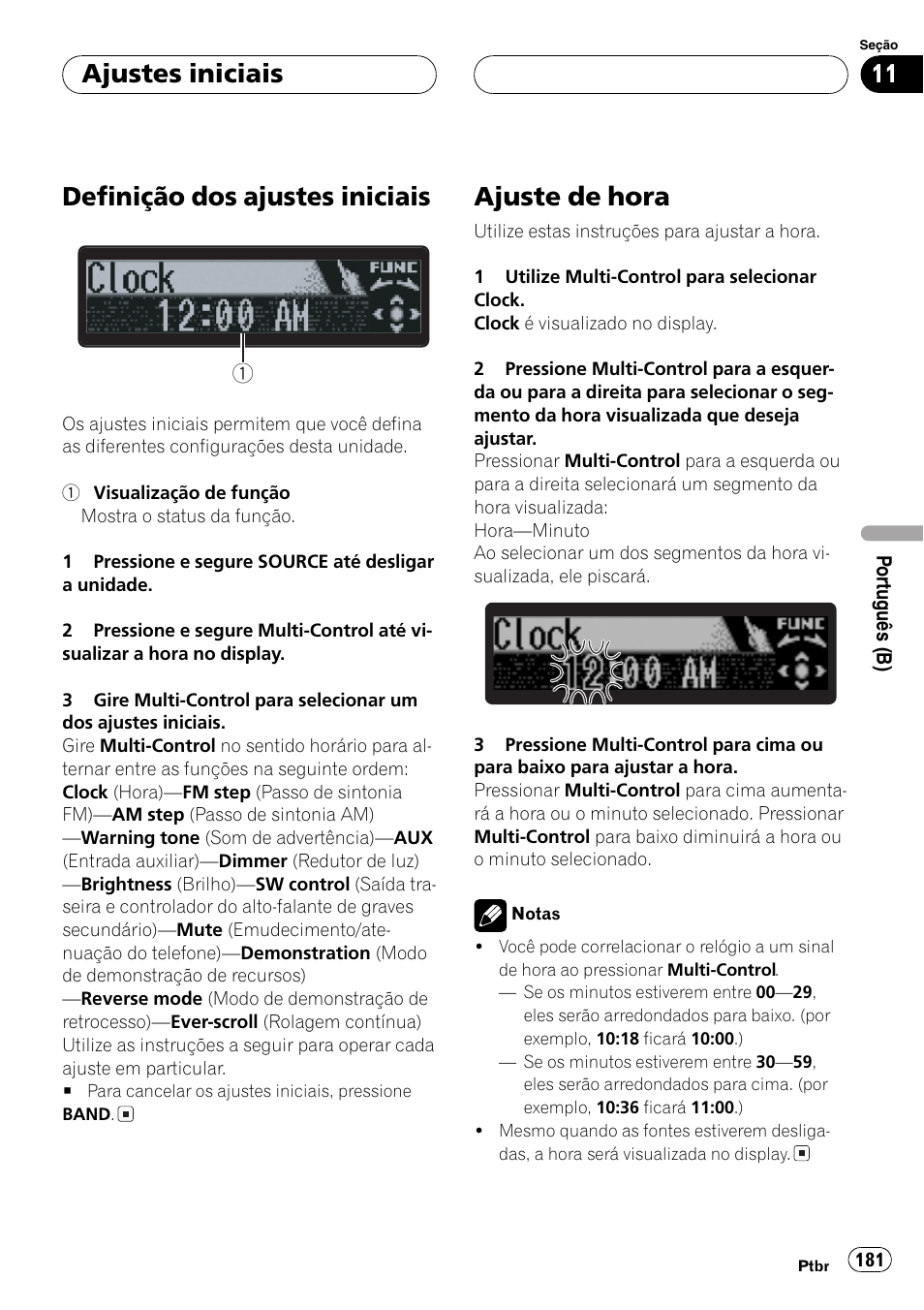 Ajustes iniciais, Definição dos ajustes iniciais 181, Ajuste de hora 181 | Definição dos ajustes iniciais, Ajuste de hora | Pioneer DEH-P7750MP User Manual | Page 181 / 197
