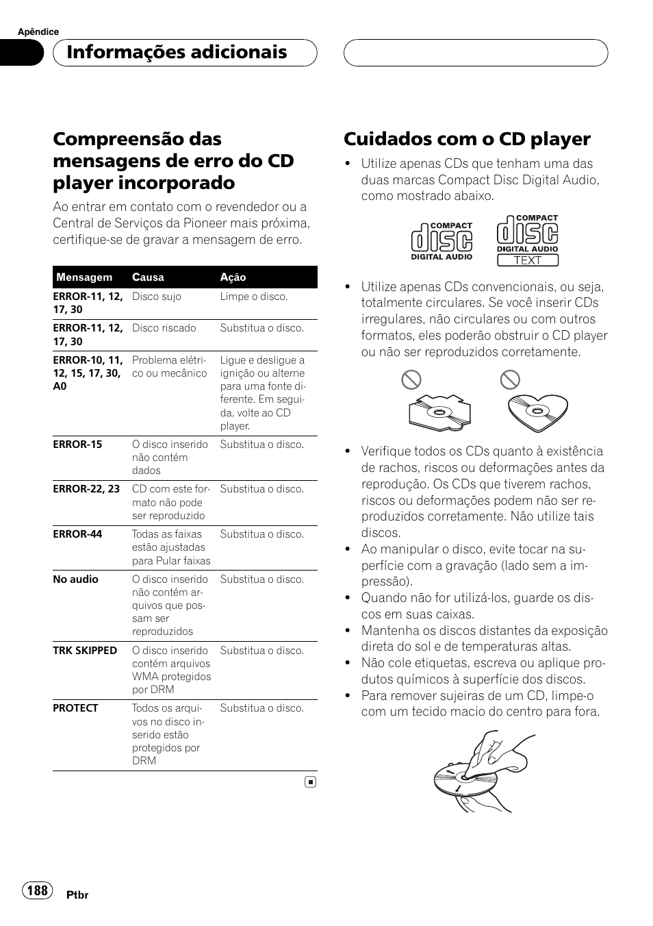 Informações adicionais, Compreensão das mensagens de erro do cd, Player incorporado 188 | Cuidados com o cd player 188, Cuidados com o cd player | Pioneer DEH-P7750MP User Manual | Page 188 / 197