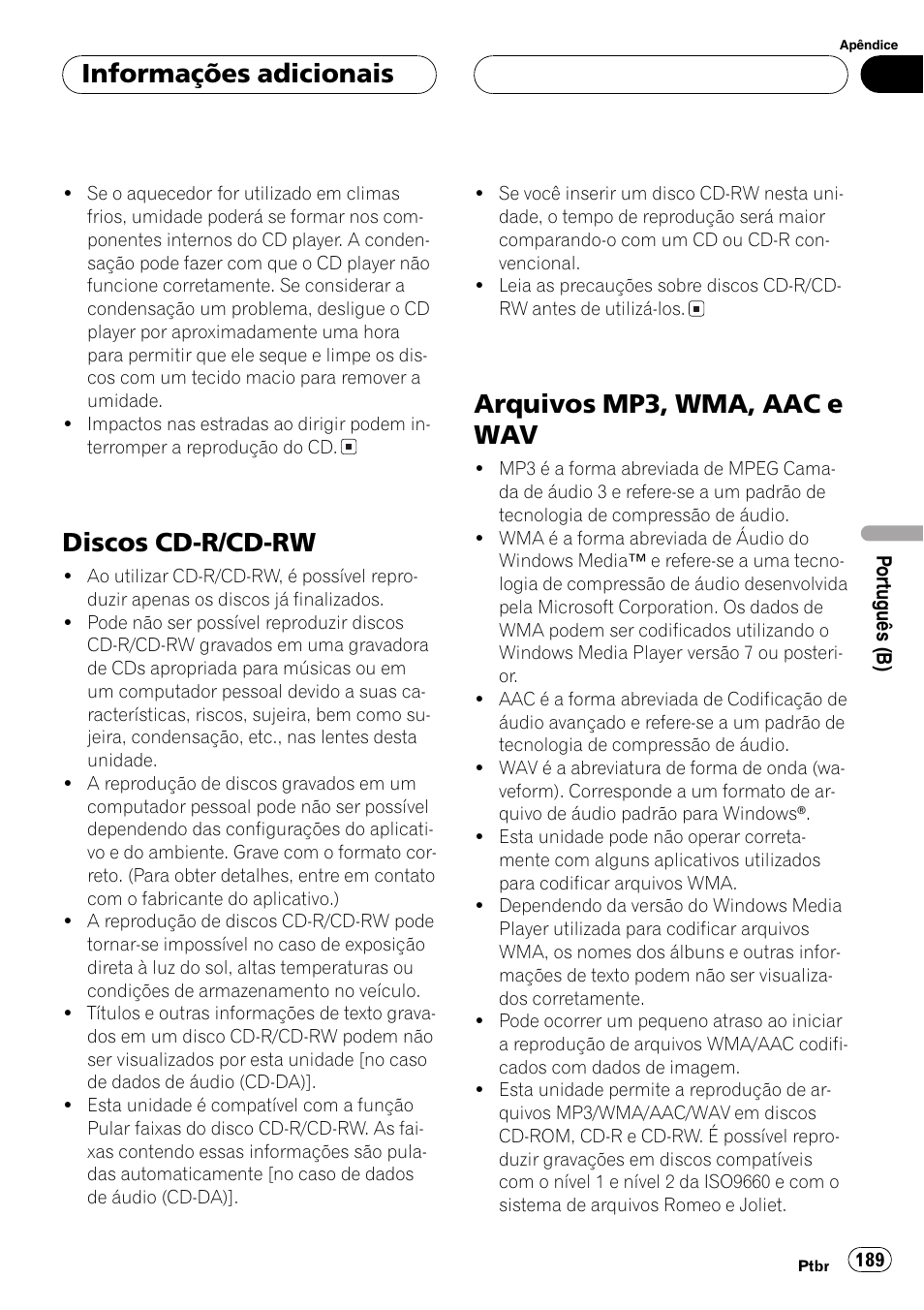 Discos cd-r/cd-rw 189, Arquivos mp3, wma, aac e wav 189, Discos cd-r/cd-rw | Arquivos mp3, wma, aac e wav, Informações adicionais | Pioneer DEH-P7750MP User Manual | Page 189 / 197