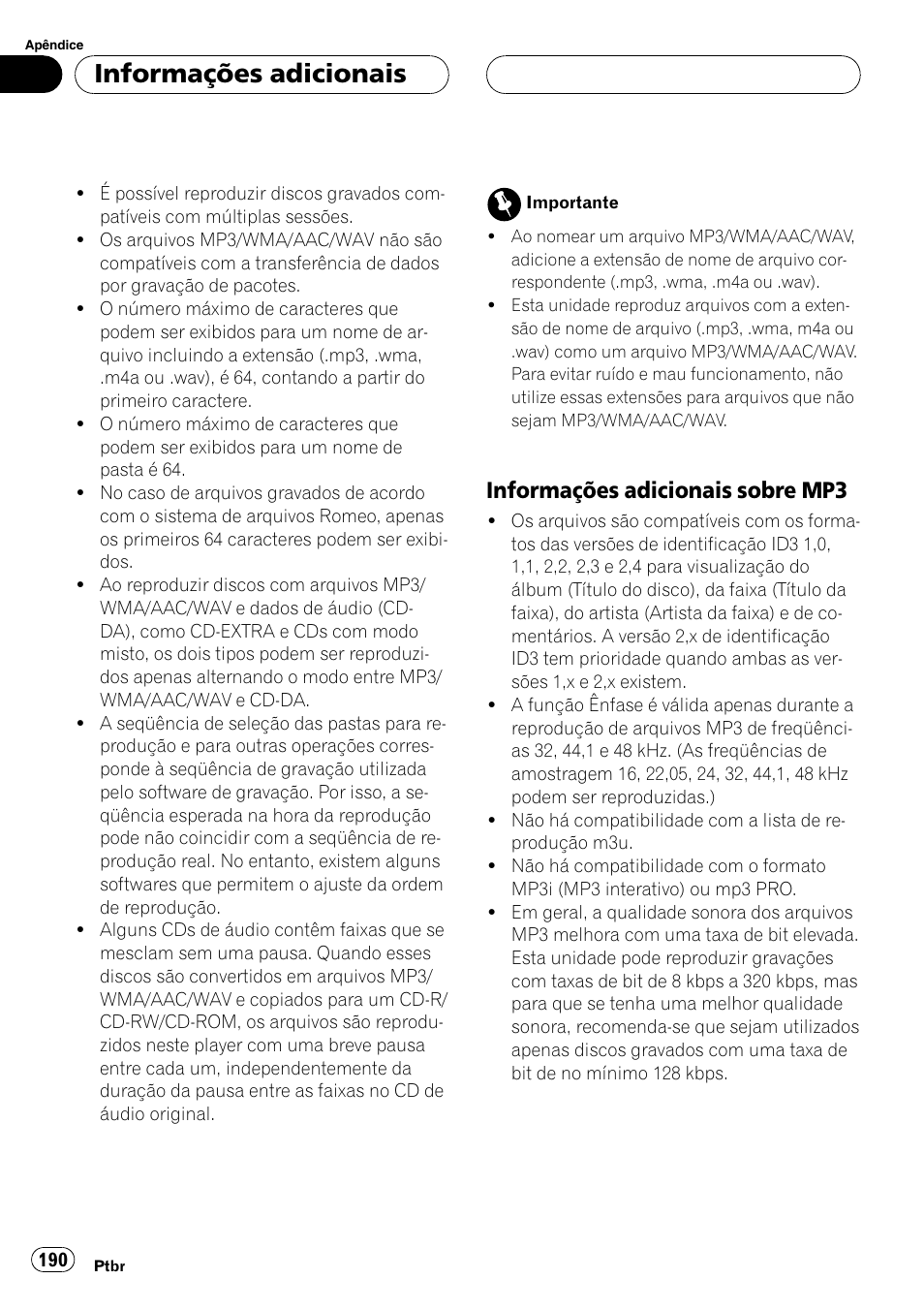 Informações adicionais sobre, Mp3 190, Informações adicionais | Informações adicionais sobre mp3 | Pioneer DEH-P7750MP User Manual | Page 190 / 197
