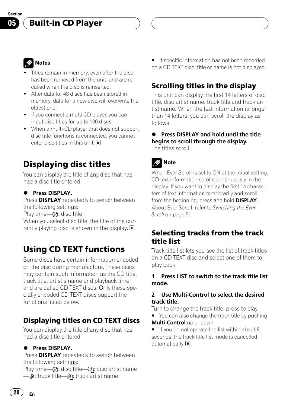 Displaying titles on cd text, Discs 20, Scrolling titles in the display 20 | Selecting tracks from the track title, List 20, Displaying disc titles, Using cd text functions, Built-in cd player, Displaying titles on cd text discs, Scrolling titles in the display | Pioneer DEH-P7750MP User Manual | Page 20 / 197