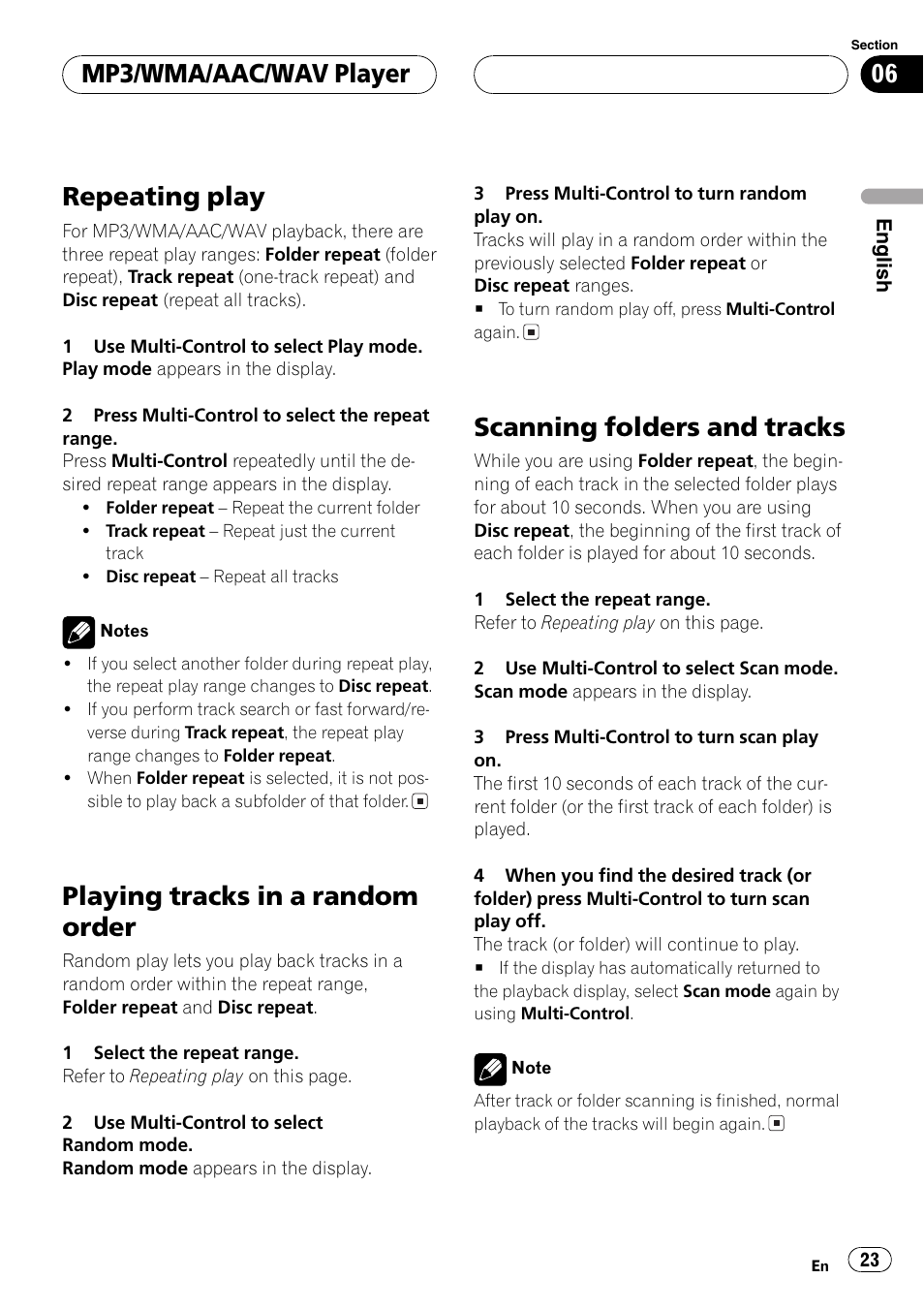 Repeating play, Playing tracks in a random order, Scanning folders and tracks | Mp3/wma/aac/wav player | Pioneer DEH-P7750MP User Manual | Page 23 / 197
