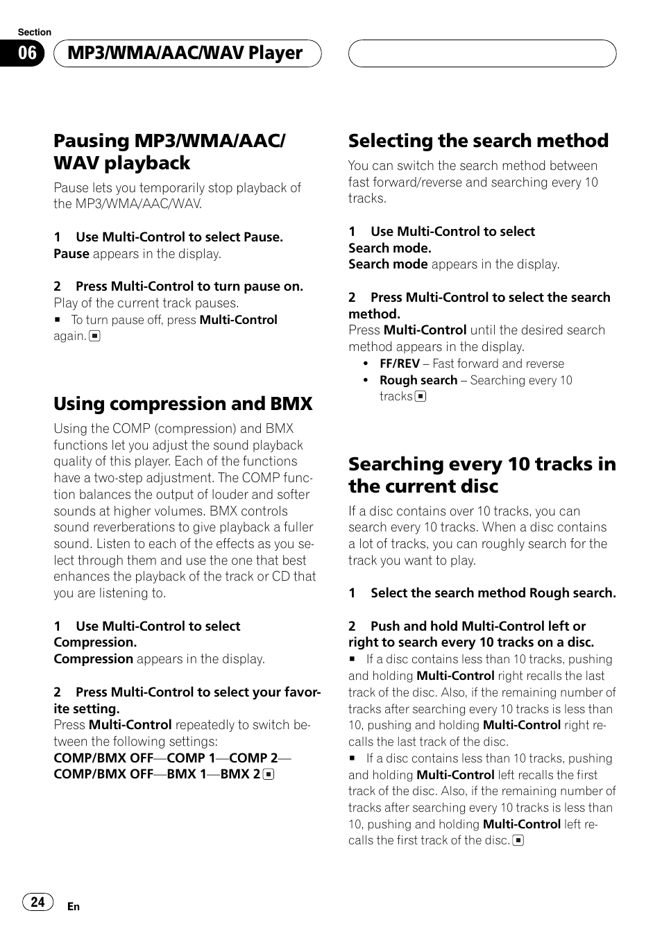 Disc 24, Pausing mp3/wma/aac/ wav playback, Using compression and bmx | Selecting the search method, Searching every 10 tracks in the current disc, Mp3/wma/aac/wav player | Pioneer DEH-P7750MP User Manual | Page 24 / 197