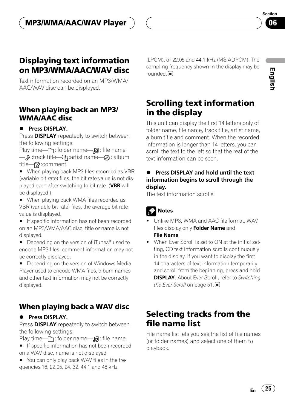 Displaying text information on mp3/wma, Aac/wav disc 25, When playing back an mp3/wma | Aac disc 25, When playing back a wav disc 25, Scrolling text information in the display, Selecting tracks from the file name list, Mp3/wma/aac/wav player | Pioneer DEH-P7750MP User Manual | Page 25 / 197