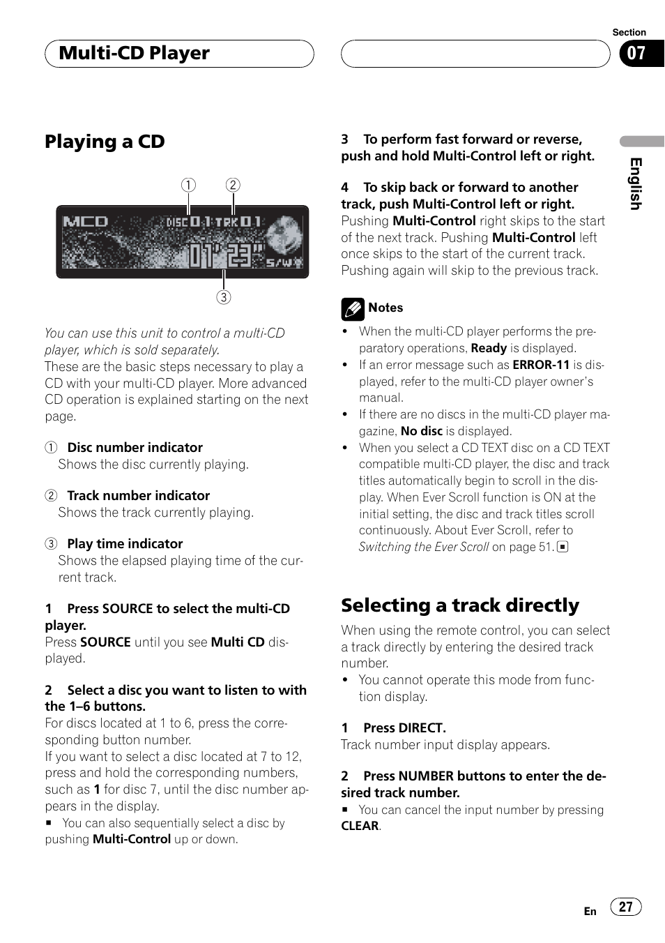 Playing a cd, Selecting a track directly, Multi-cd player | Pioneer DEH-P7750MP User Manual | Page 27 / 197