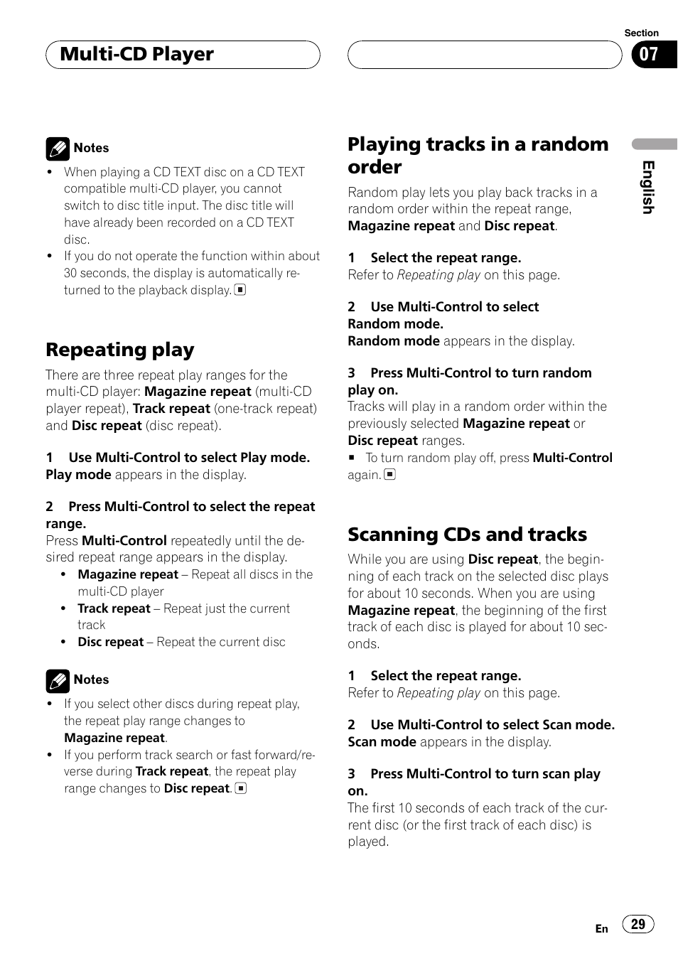 Repeating play, Playing tracks in a random order, Scanning cds and tracks | Multi-cd player | Pioneer DEH-P7750MP User Manual | Page 29 / 197