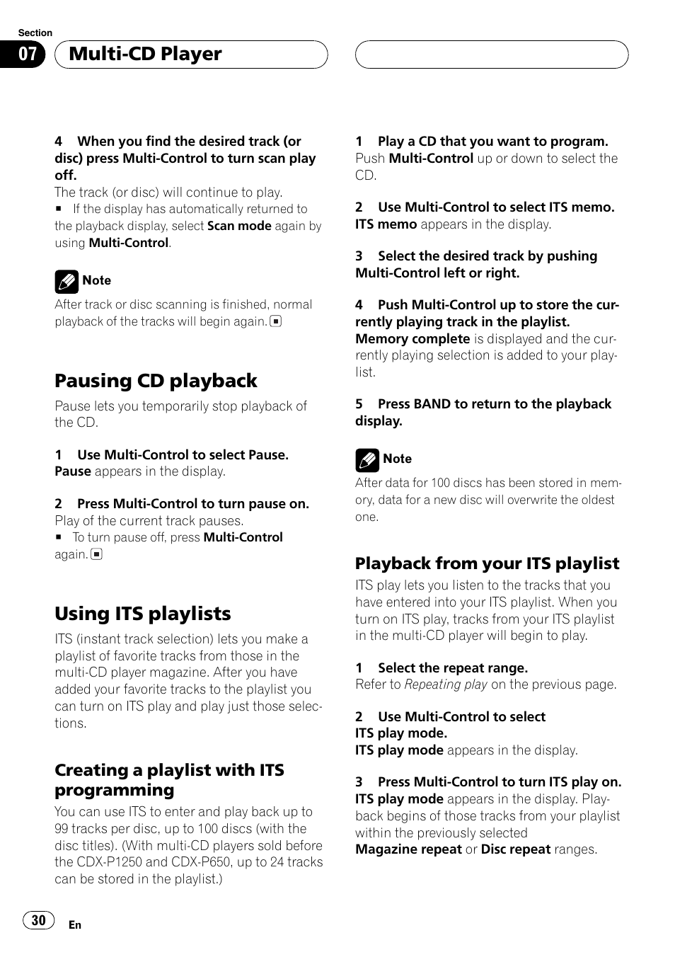 Pausing cd playback 30 using its playlists 30, Creating a playlist with its, Programming 30 | Playback from your its playlist 30, Pausing cd playback, Using its playlists, Multi-cd player, Creating a playlist with its programming, Playback from your its playlist | Pioneer DEH-P7750MP User Manual | Page 30 / 197