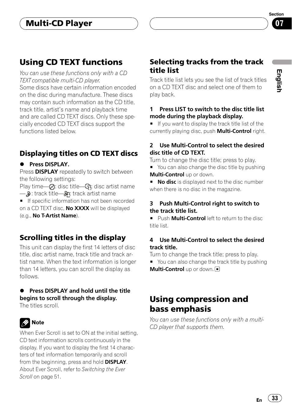Using cd text functions 33, Displaying titles on cd text, Discs 33 | Scrolling titles in the display 33, Selecting tracks from the track title, List 33, Using compression and bass emphasis 33, Using cd text functions, Using compression and bass emphasis, Multi-cd player | Pioneer DEH-P7750MP User Manual | Page 33 / 197