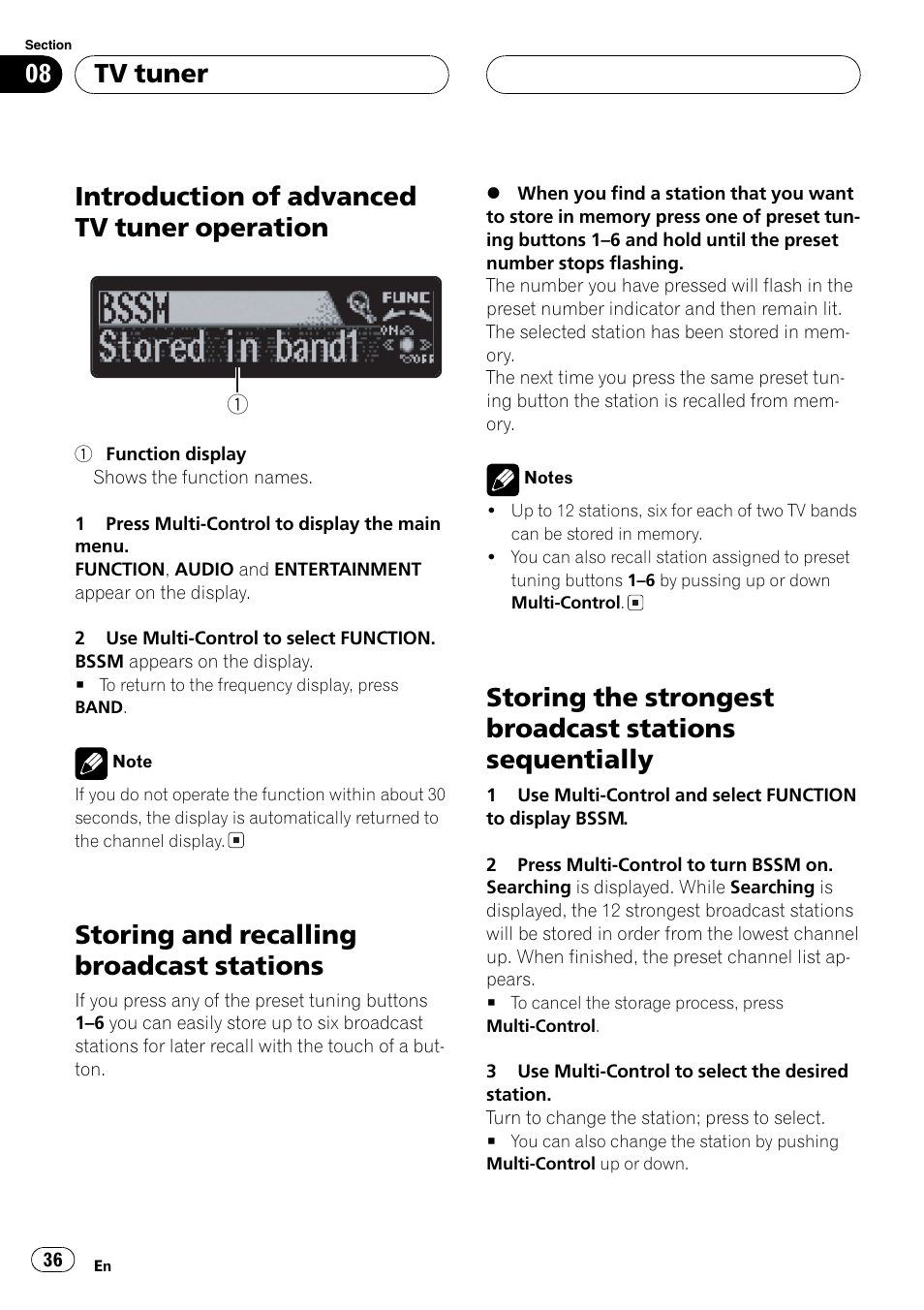 Introduction of advanced tv tuner, Operation 36, Sequentially 36 | Introduction of advanced tv tuner operation, Storing and recalling broadcast stations, Tv tuner | Pioneer DEH-P7750MP User Manual | Page 36 / 197