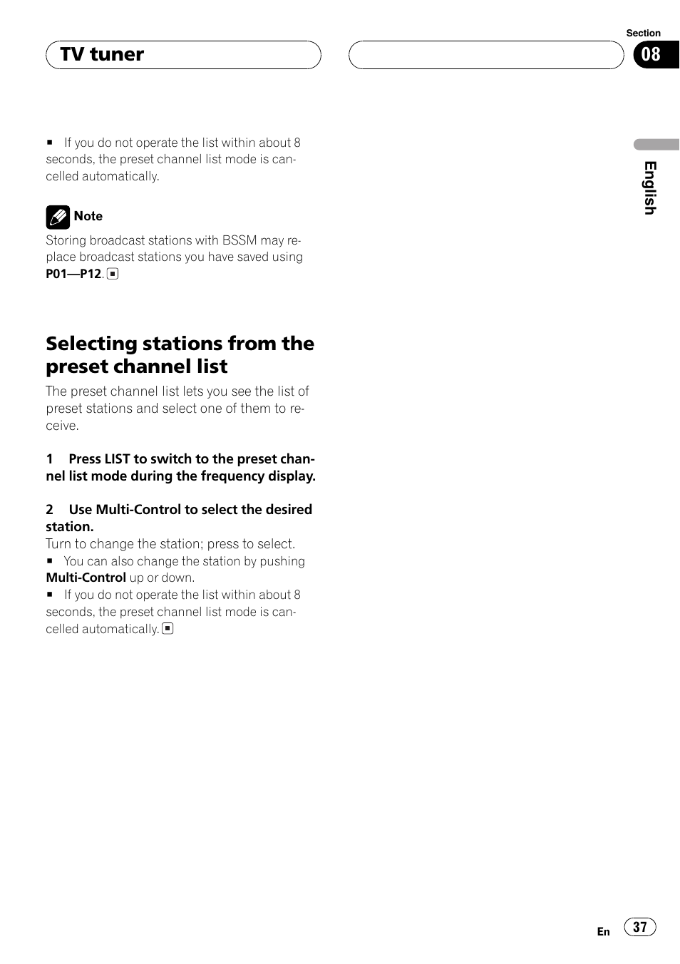 Selecting stations from the preset channel, List 37, Selecting stations from the preset channel list | Tv tuner | Pioneer DEH-P7750MP User Manual | Page 37 / 197