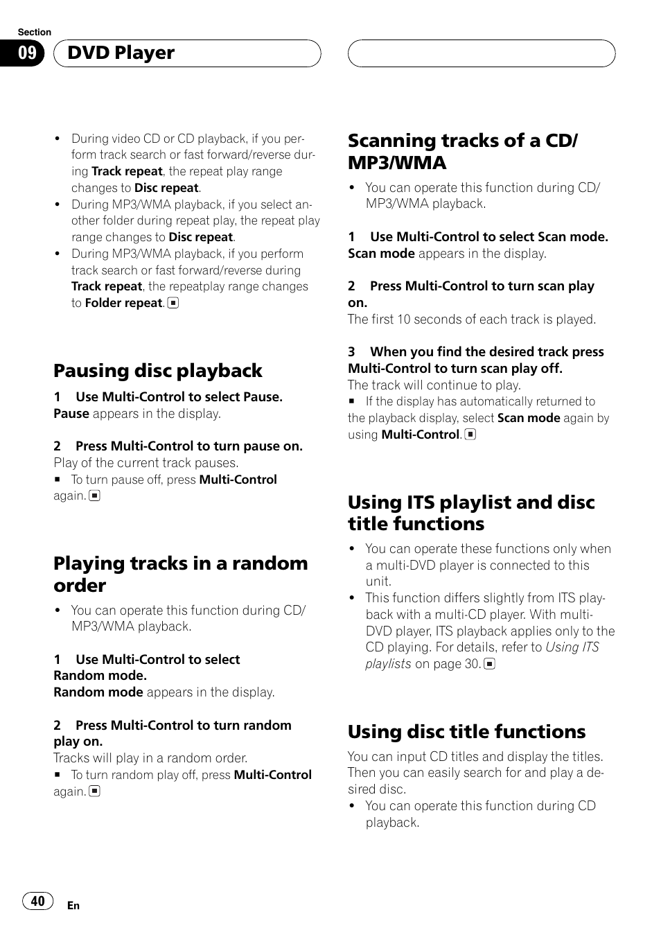 Pausing disc playback, Playing tracks in a random order, Scanning tracks of a cd/ mp3/wma | Using its playlist and disc title functions, Using disc title functions, Dvd player | Pioneer DEH-P7750MP User Manual | Page 40 / 197