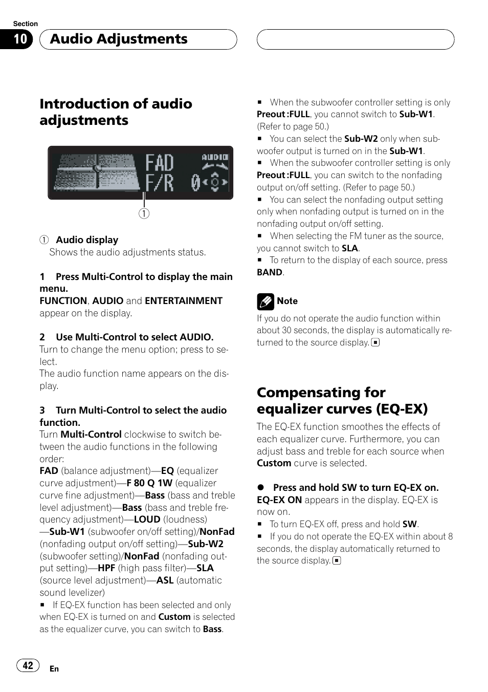 Ex) 42, Compensating for equalizer, Introduction of audio adjustments | Compensating for equalizer curves (eq-ex), Audio adjustments | Pioneer DEH-P7750MP User Manual | Page 42 / 197