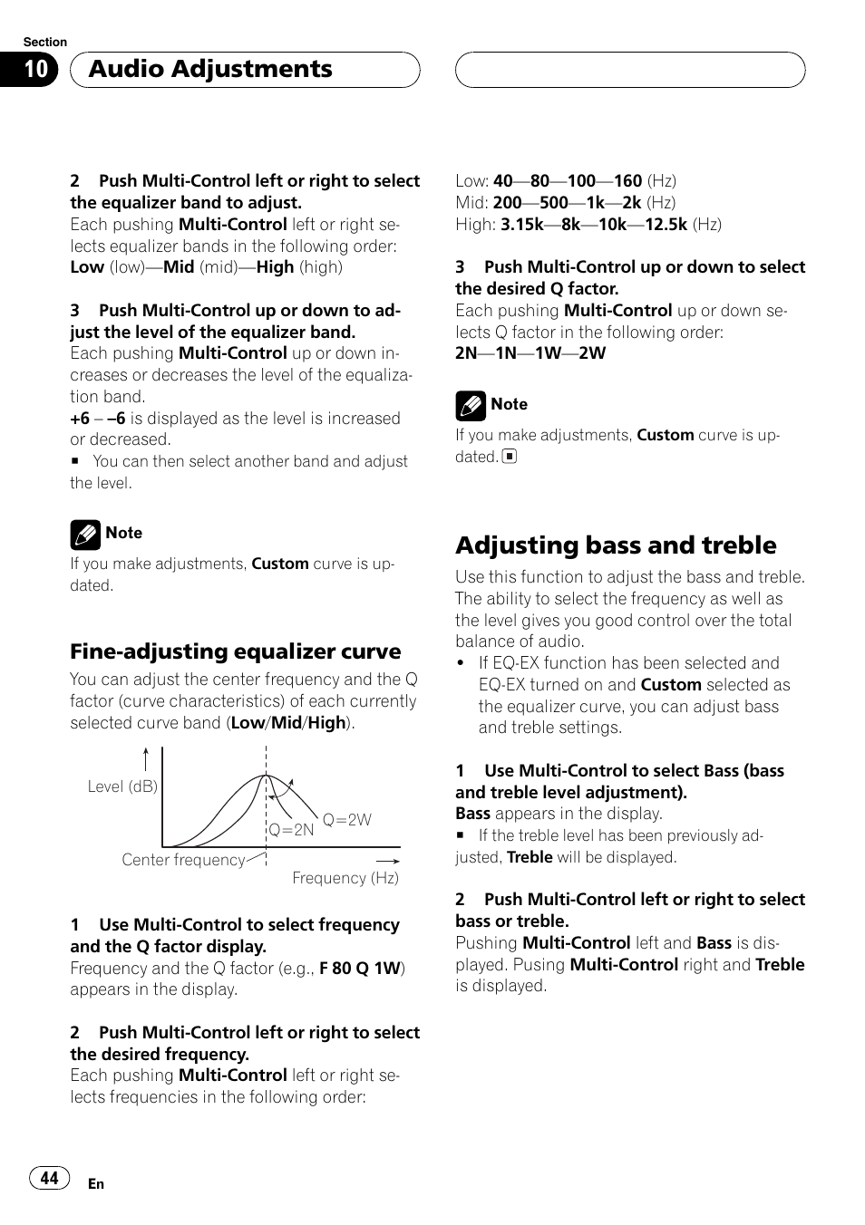 Fine-adjusting equalizer curve 44, Adjusting bass and treble 44, Adjusting bass and treble | Audio adjustments, Fine-adjusting equalizer curve | Pioneer DEH-P7750MP User Manual | Page 44 / 197