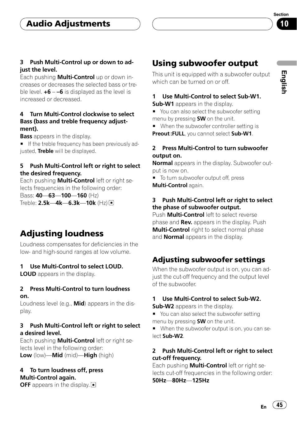 Adjusting loudness 45 using subwoofer output 45, Adjusting subwoofer settings 45, Adjusting loudness | Using subwoofer output, Audio adjustments, Adjusting subwoofer settings | Pioneer DEH-P7750MP User Manual | Page 45 / 197