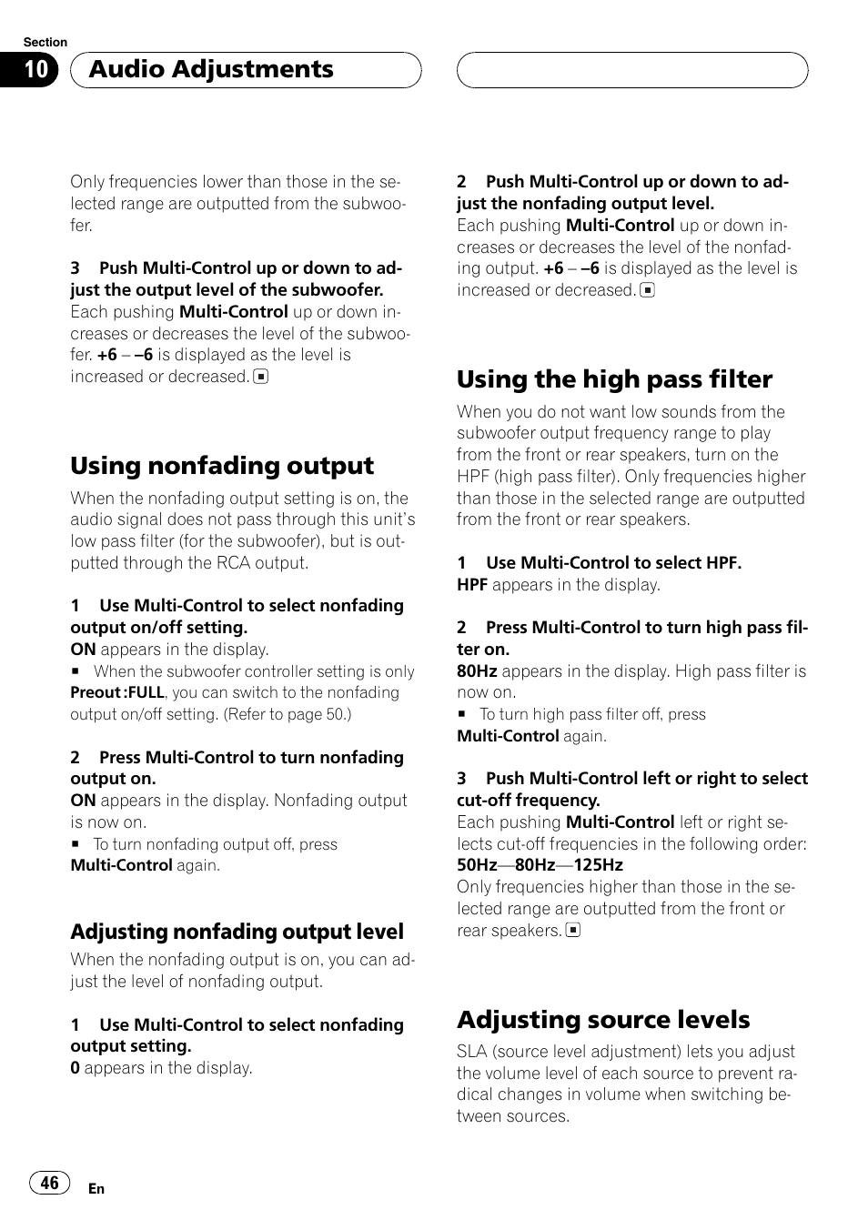Using nonfading output 46, Adjusting nonfading output level 46, Using nonfading output | Using the high pass filter, Adjusting source levels, Audio adjustments, Adjusting nonfading output level | Pioneer DEH-P7750MP User Manual | Page 46 / 197