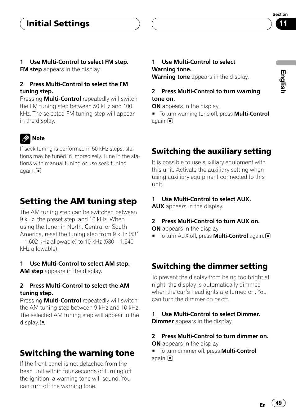 Setting the am tuning step, Switching the warning tone, Switching the auxiliary setting | Switching the dimmer setting, Initial settings | Pioneer DEH-P7750MP User Manual | Page 49 / 197