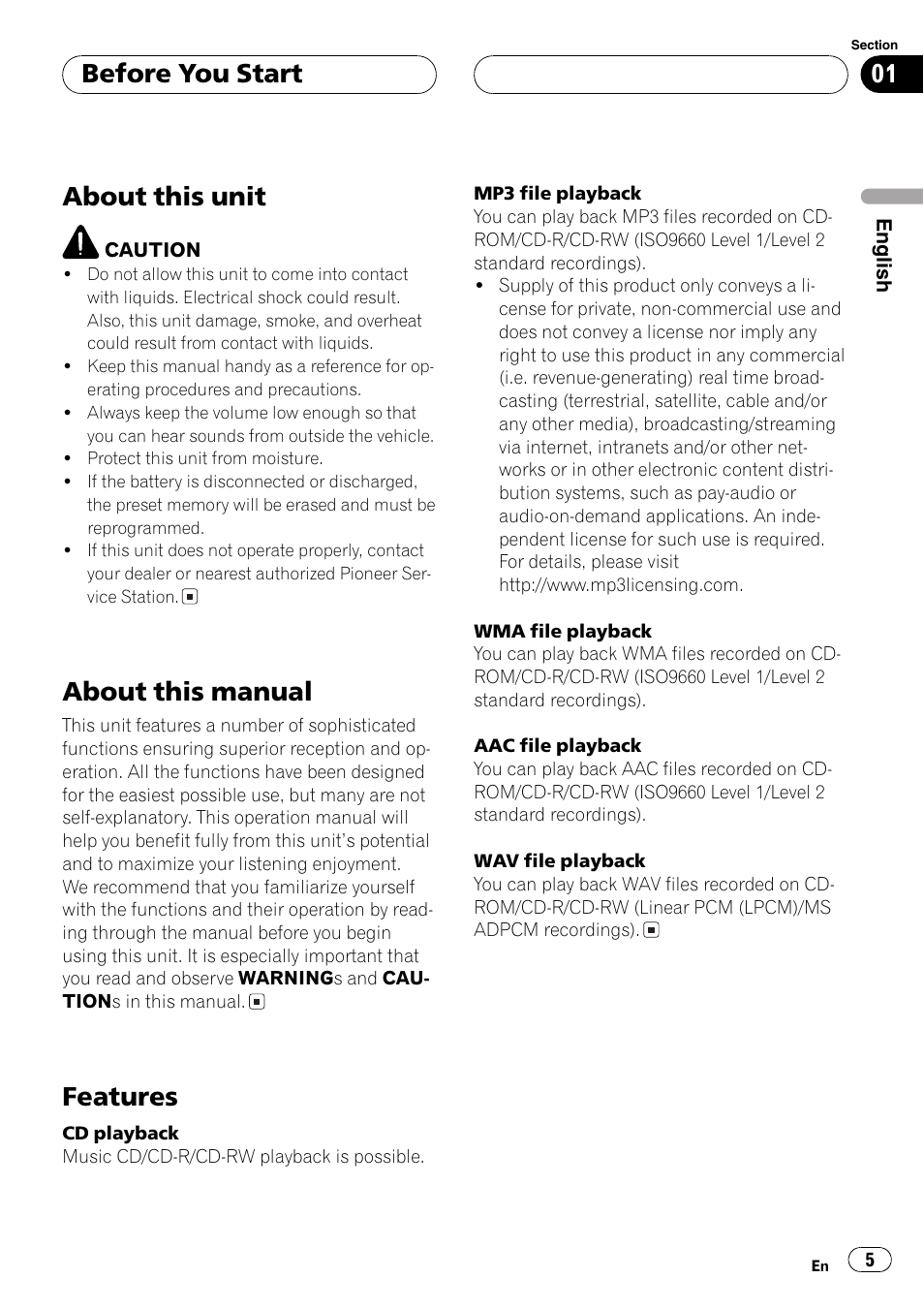 About this unit, About this manual, Features | Before you start | Pioneer DEH-P7750MP User Manual | Page 5 / 197