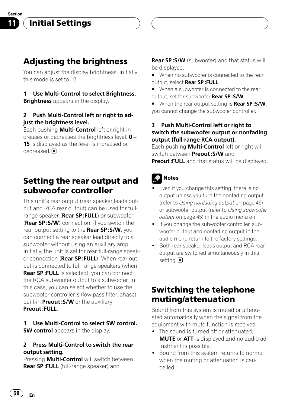 Controller 50, Switching the telephone muting, Attenuation 50 | Adjusting the brightness, Setting the rear output and subwoofer controller, Switching the telephone muting/attenuation, Initial settings | Pioneer DEH-P7750MP User Manual | Page 50 / 197