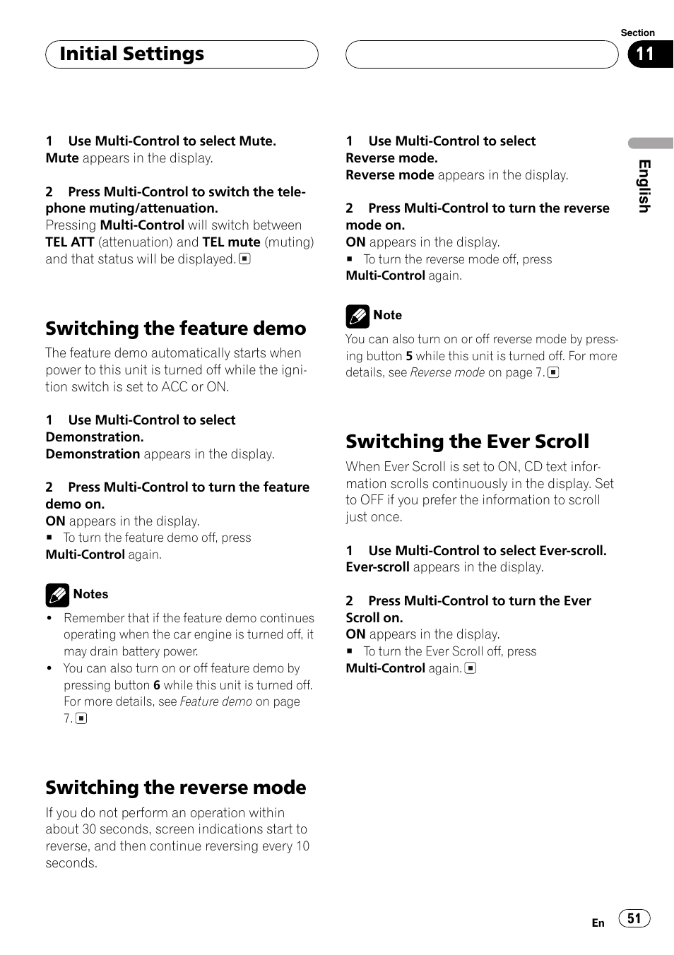 Switching the reverse mode, Switching, Switching the feature demo | Switching the ever scroll, Initial settings | Pioneer DEH-P7750MP User Manual | Page 51 / 197