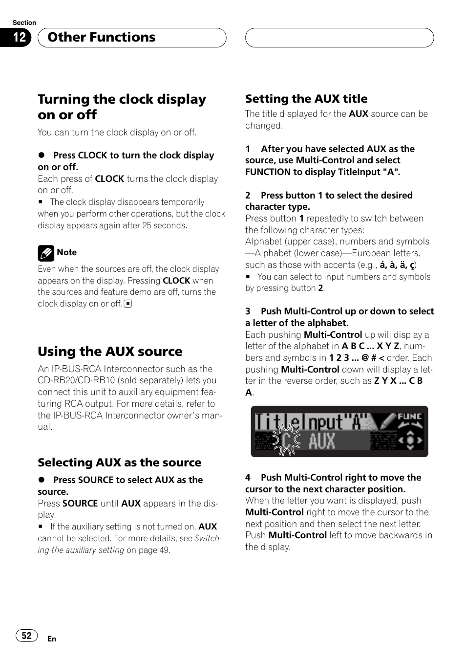 Selecting aux as the source 52, Setting the aux title 52, Turning the clock display on or off | Using the aux source, Other functions | Pioneer DEH-P7750MP User Manual | Page 52 / 197