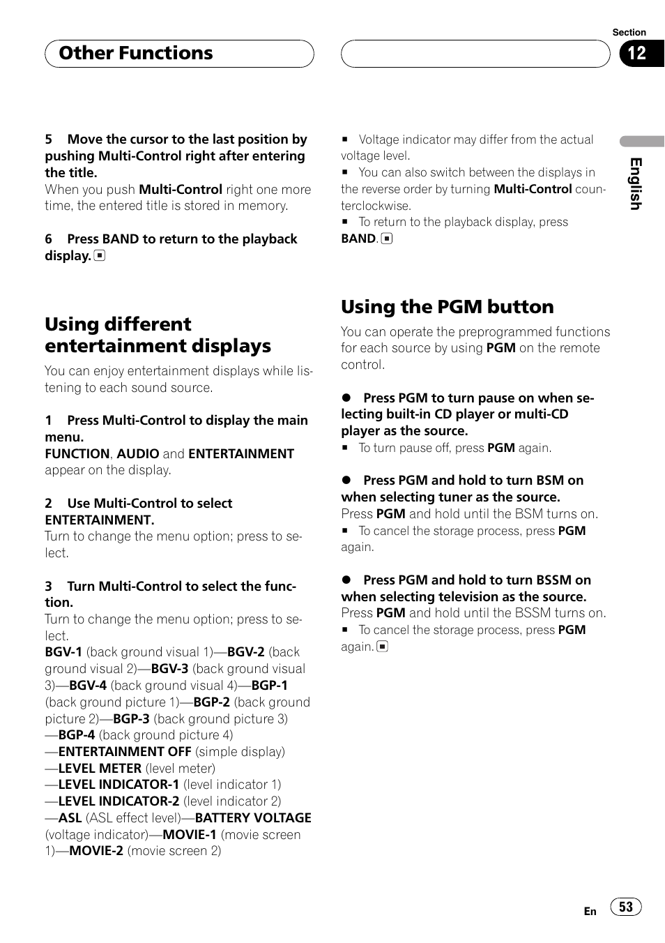 Using different entertainment displays, Using the pgm button, Other functions | Pioneer DEH-P7750MP User Manual | Page 53 / 197