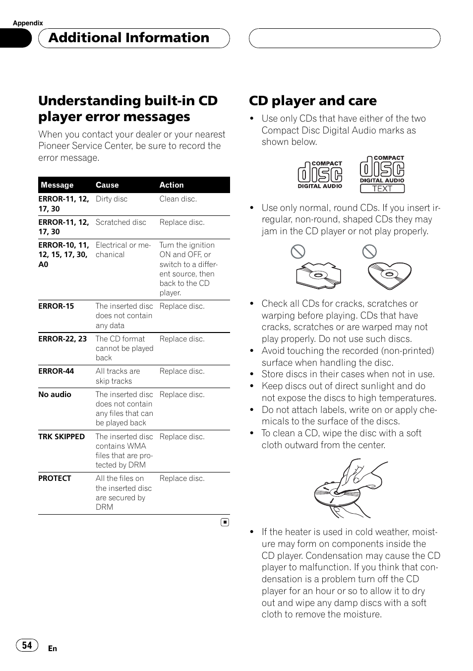 Messages 54, Cd player and care 54, Understanding built-in cd player error messages | Cd player and care, Additional information | Pioneer DEH-P7750MP User Manual | Page 54 / 197