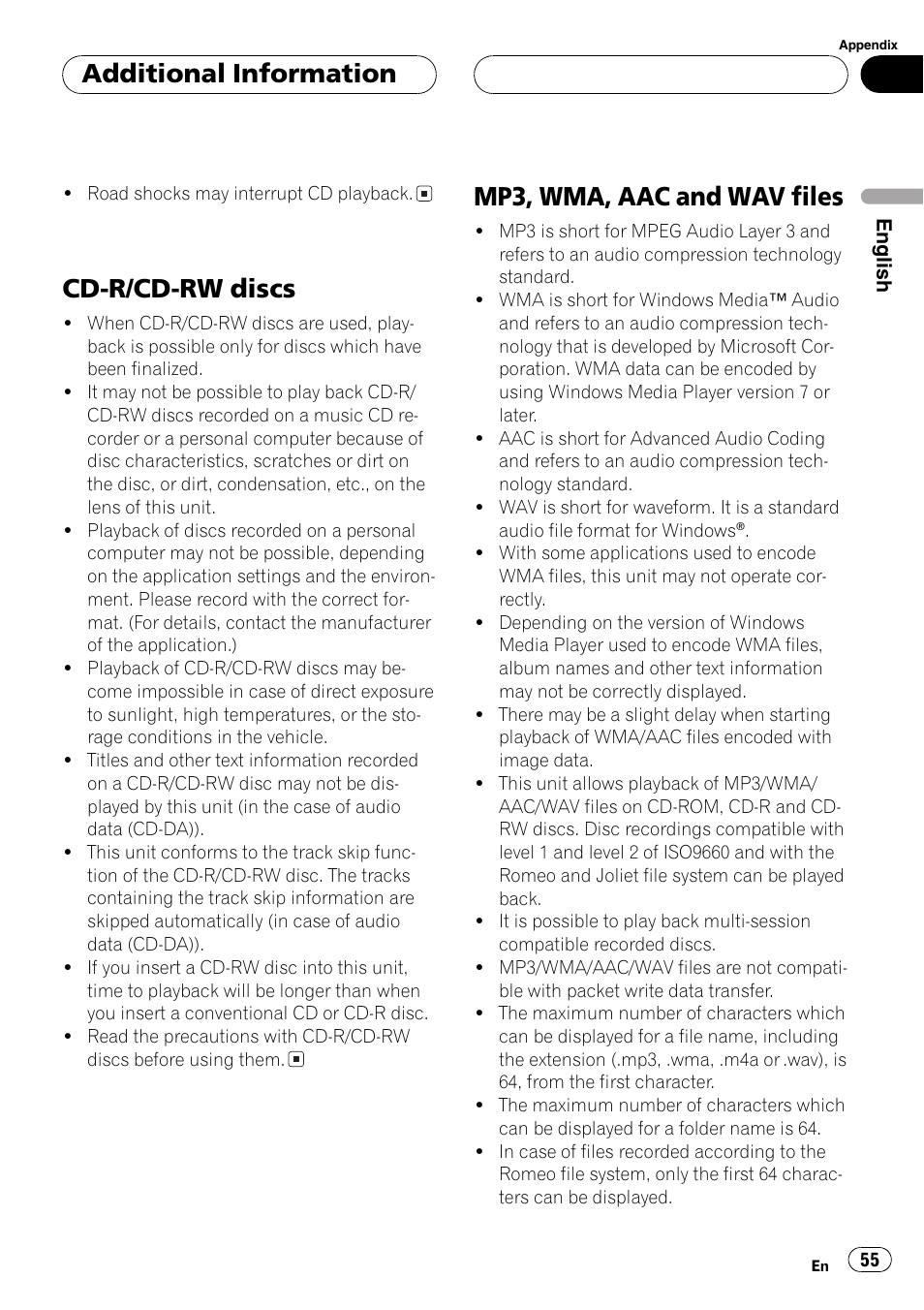 Cd-r/cd-rw discs 55 mp3, wma, aac and wav files 55, Cd-r/cd-rw discs, Mp3, wma, aac and wav files | Additional information | Pioneer DEH-P7750MP User Manual | Page 55 / 197