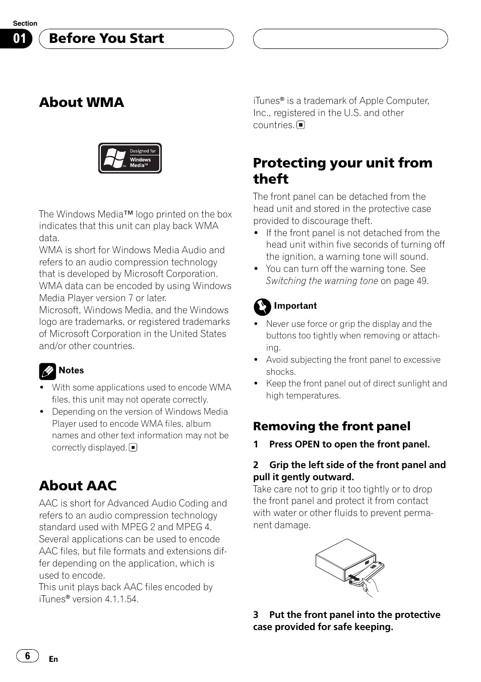 Removing the front panel 6, About wma, About aac | Protecting your unit from theft, Before you start, Removing the front panel | Pioneer DEH-P7750MP User Manual | Page 6 / 197