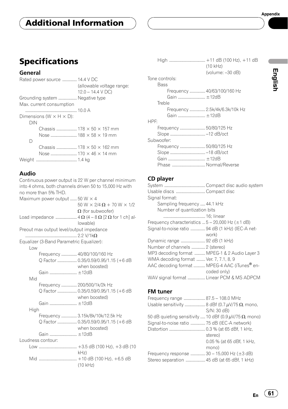 Specifications 61, Specifications, Additional information | English, General, Audio, Cd player, Fm tuner | Pioneer DEH-P7750MP User Manual | Page 61 / 197