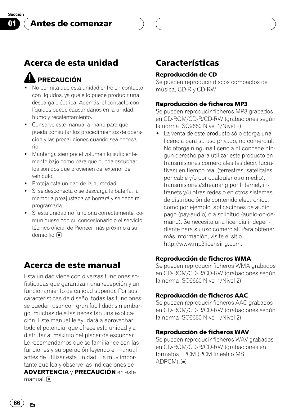 Antes de comenzar acerca de esta unidad 66, Acerca de este manual 66, Características 66 | Acerca de esta unidad, Acerca de este manual, Características, Antes de comenzar | Pioneer DEH-P7750MP User Manual | Page 66 / 197