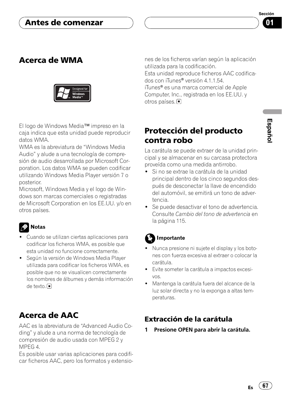 Acerca de wma 67, Acerca de aac 67, Protección del producto contra robo 67 | Extracción de la carátula 67, Acerca de wma, Acerca de aac, Protección del producto contra robo, Antes de comenzar, Extracción de la carátula | Pioneer DEH-P7750MP User Manual | Page 67 / 197