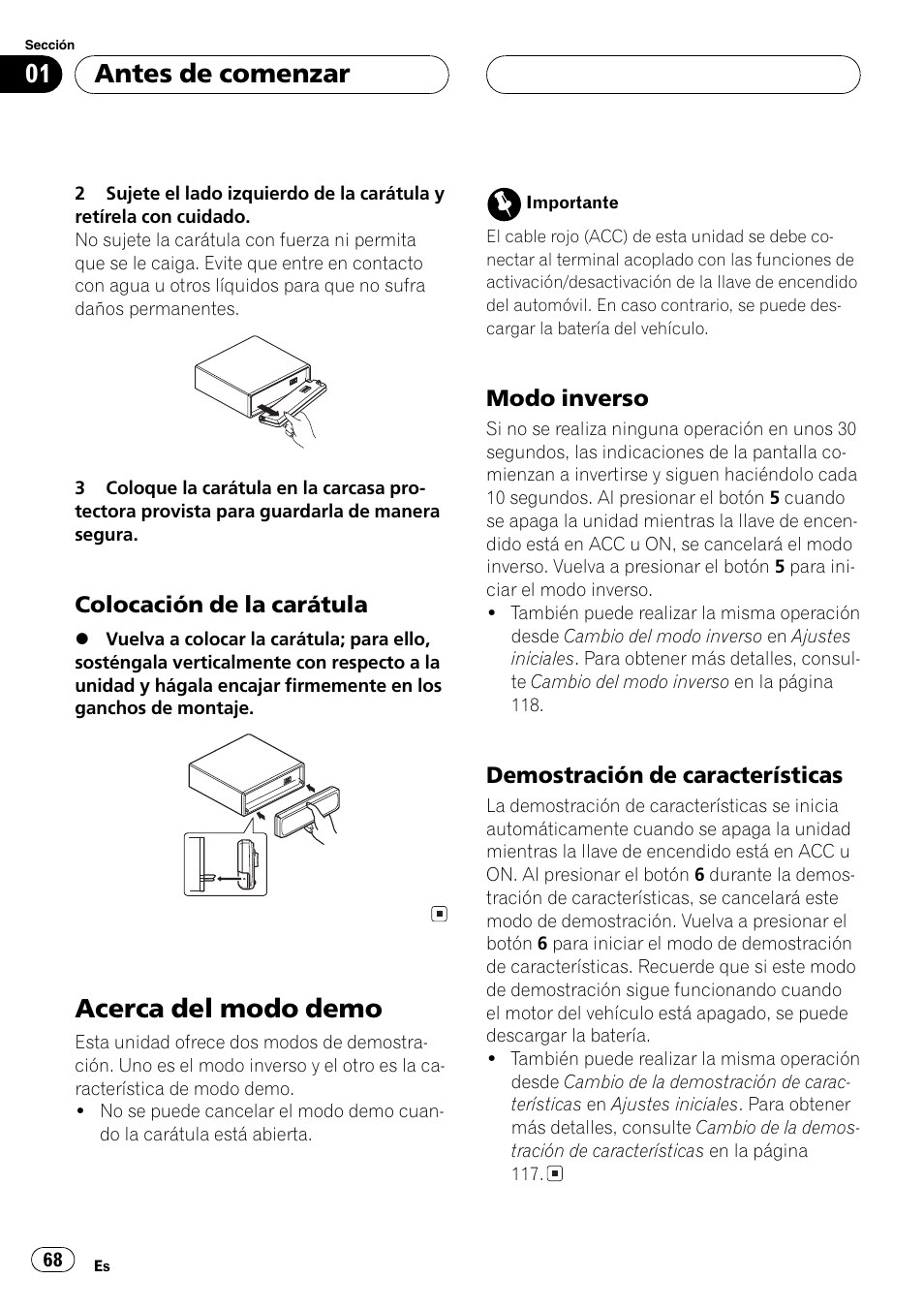 Colocación de la carátula 68, Acerca del modo demo 68, Modo inverso 68 | Demostración de características 68, Acerca del modo demo, Antes de comenzar, Colocación de la carátula, Modo inverso, Demostración de características | Pioneer DEH-P7750MP User Manual | Page 68 / 197