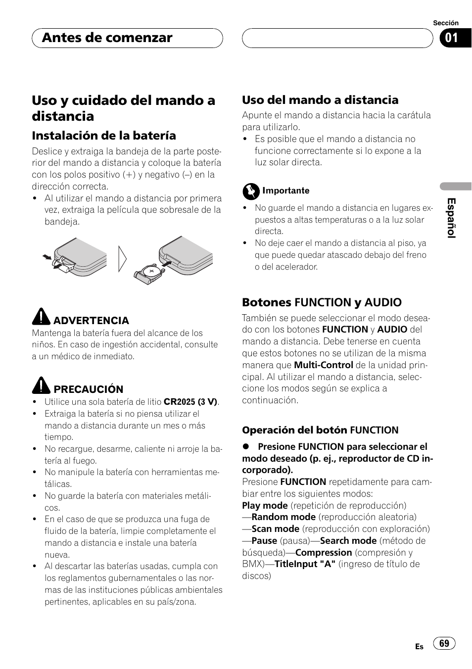 Uso y cuidado del mando a distancia 69, Instalación de la batería 69, Uso del mando a distancia 69 | Botones function y audio 69, Uso y cuidado del mando a distancia, Antes de comenzar, Instalación de la batería, Uso del mando a distancia, Botones function y audio | Pioneer DEH-P7750MP User Manual | Page 69 / 197