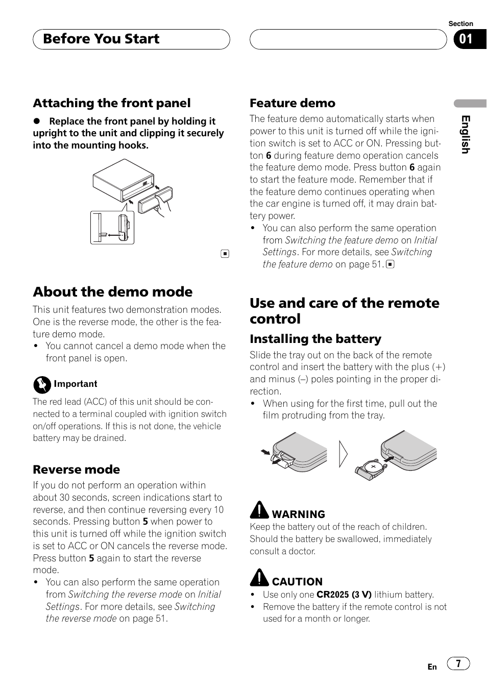 Attaching the front panel 7, About the demo mode 7, Reverse mode 7 | Feature demo 7, Use and care of the remote control 7, Installing the battery 7, About the demo mode, Use and care of the remote control, Before you start | Pioneer DEH-P7750MP User Manual | Page 7 / 197
