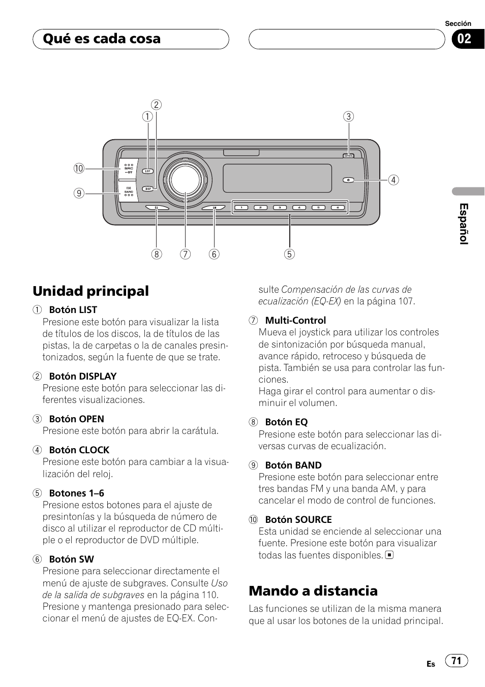 Qué es cada cosa, Unidad principal 71, Mando a distancia 71 | Unidad principal, Mando a distancia | Pioneer DEH-P7750MP User Manual | Page 71 / 197