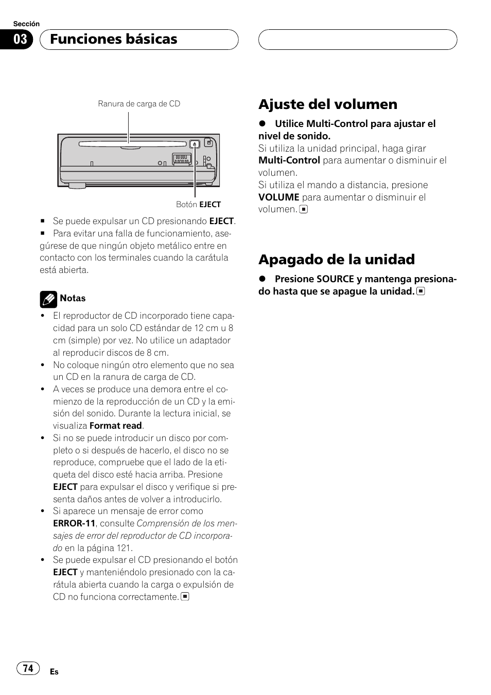 Ajuste del volumen 74, Apagado de la unidad 74, Ajuste del volumen | Apagado de la unidad, Funciones básicas | Pioneer DEH-P7750MP User Manual | Page 74 / 197