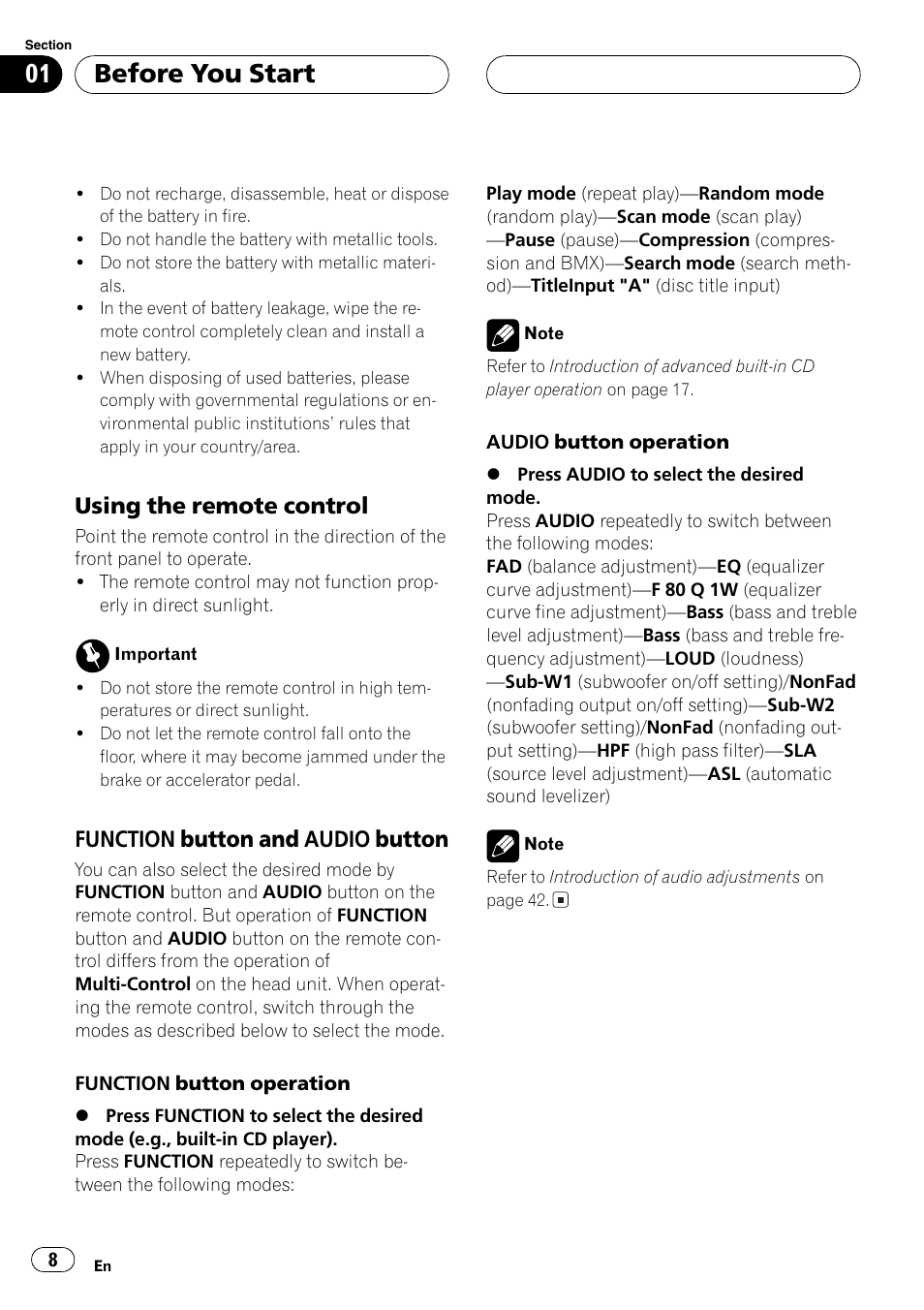 Using the remote control 8, Function button and audio, Button 8 | Before you start, Using the remote control, Function button and audio button | Pioneer DEH-P7750MP User Manual | Page 8 / 197