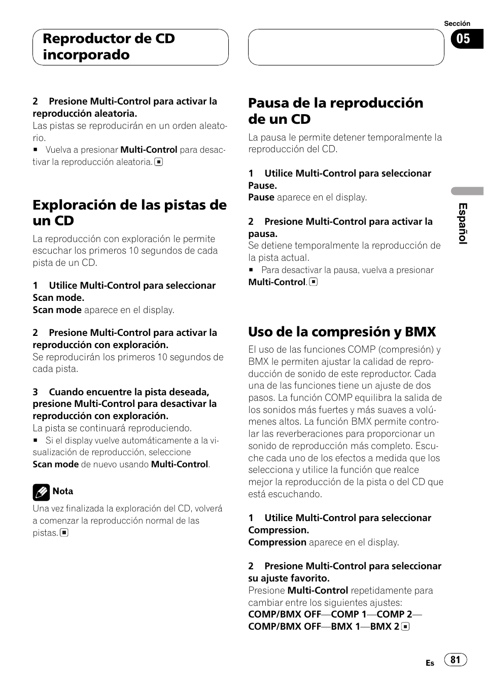 Exploración de las pistas de un cd 81, Pausa de la reproducción de un cd 81, Uso de la compresión y bmx 81 | Exploración de las pistas de un cd, Pausa de la reproducción de un cd, Uso de la compresión y bmx, Reproductor de cd incorporado | Pioneer DEH-P7750MP User Manual | Page 81 / 197