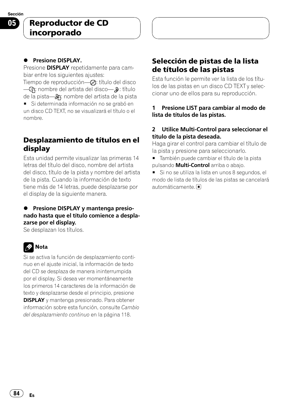 Desplazamiento de títulos en el, Display 84, Selección de pistas de la lista de | Títulos de las pistas 84, Reproductor de cd incorporado | Pioneer DEH-P7750MP User Manual | Page 84 / 197