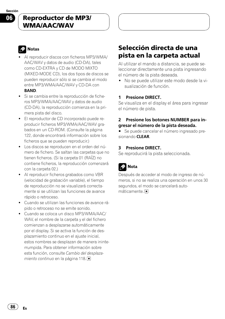 Selección directa de una pista en la carpeta, Actual 86, Reproductor de mp3/ wma/aac/wav | Pioneer DEH-P7750MP User Manual | Page 86 / 197