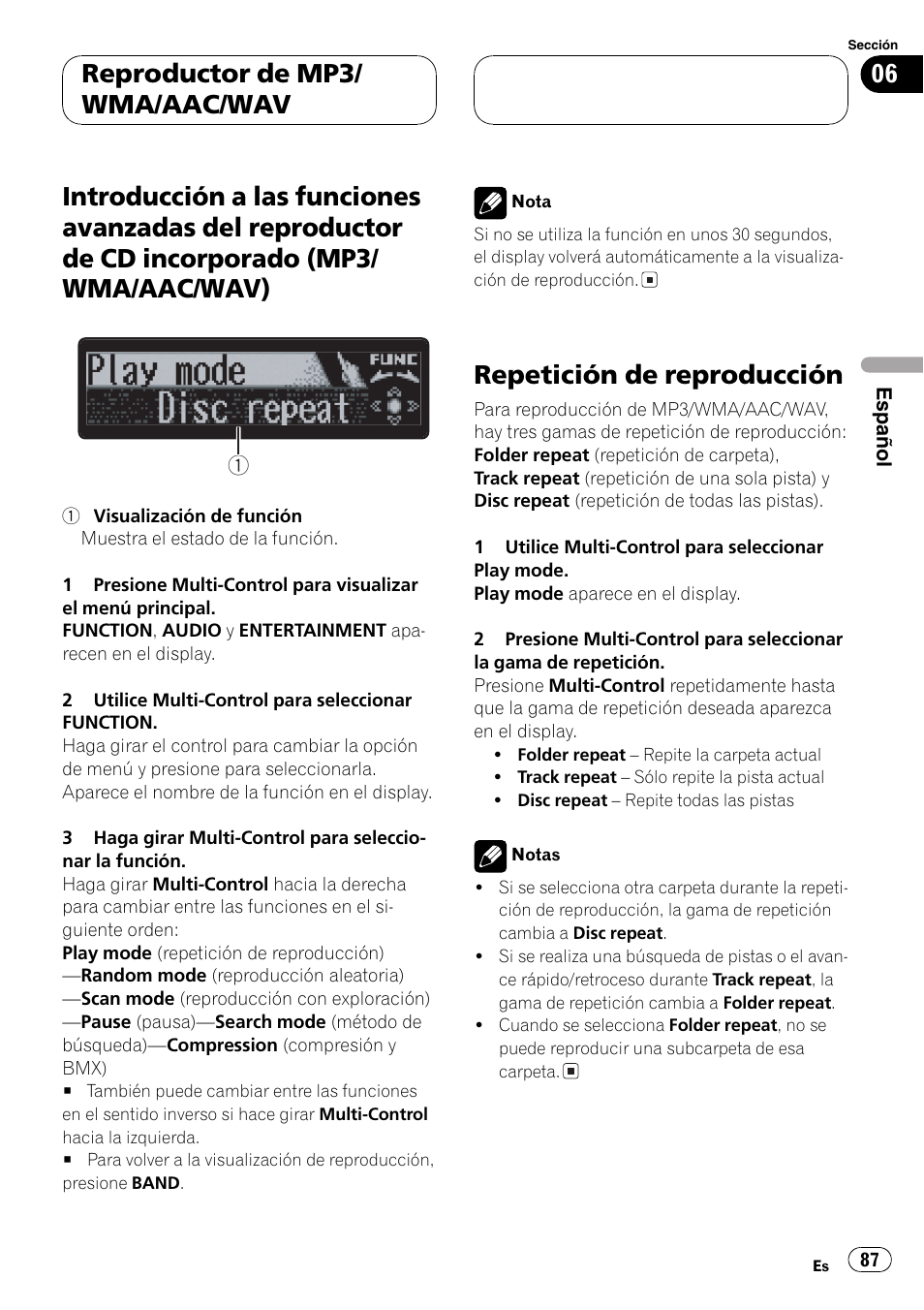 Introducción a las funciones avanzadas del, Reproductor de cd incorporado (mp3, Wma/aac/wav) 87 | Repetición de reproducción 87, Repetición de reproducción, Reproductor de mp3/ wma/aac/wav | Pioneer DEH-P7750MP User Manual | Page 87 / 197