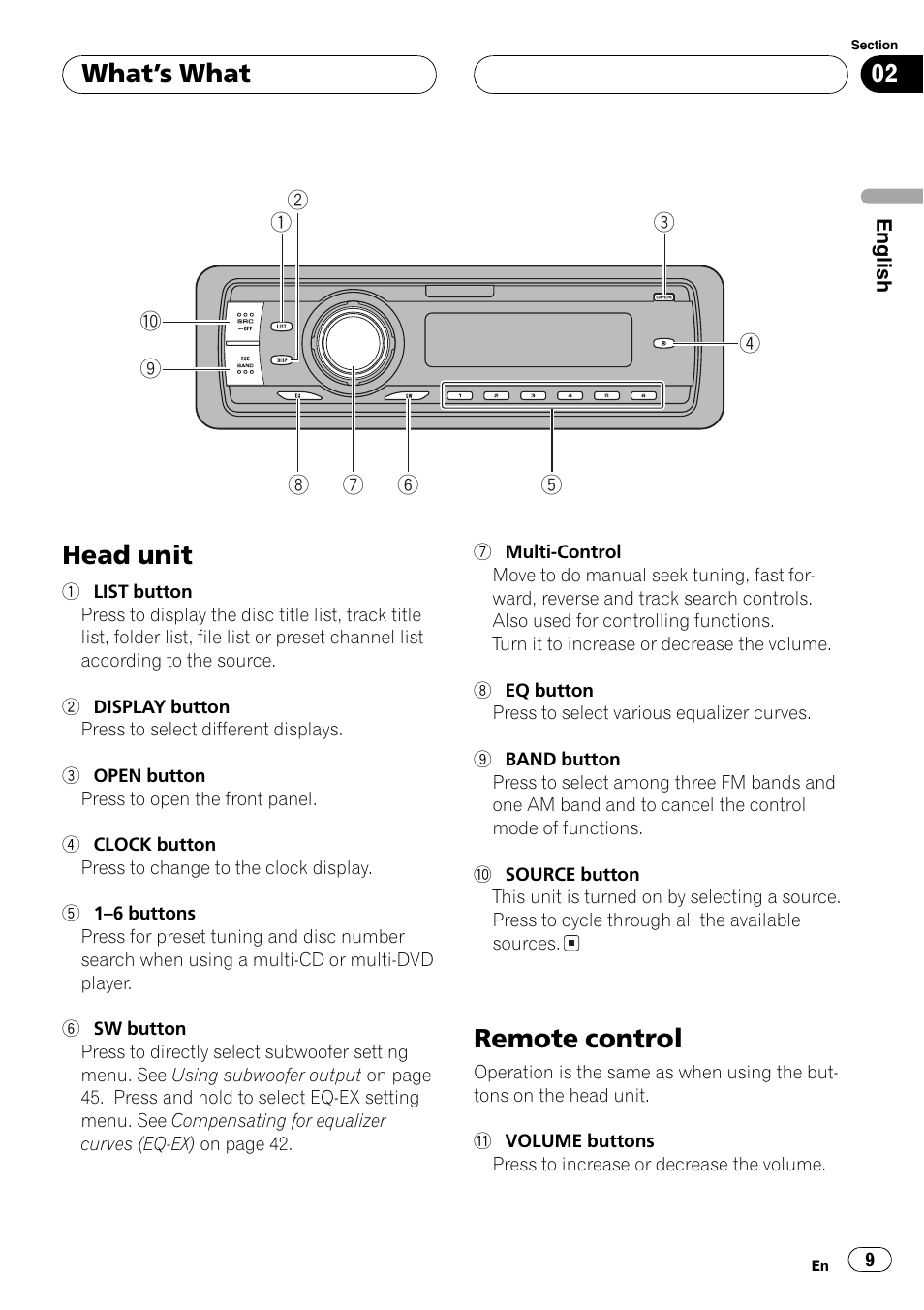 What  s what head unit 9 remote control 9, Head unit, Remote control | Whats what | Pioneer DEH-P7750MP User Manual | Page 9 / 197