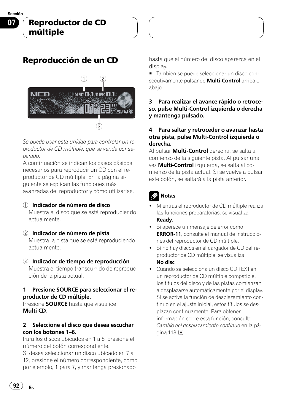 Reproductor de cdmúltiple, Reproducción de un cd 92, Reproducción de un cd | Reproductor de cd múltiple | Pioneer DEH-P7750MP User Manual | Page 92 / 197