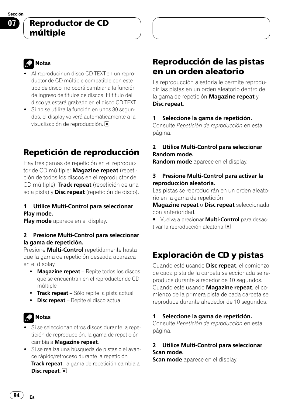 Repetición de reproducción 94, Reproducción de las pistas en un orden, Aleatorio 94 | Exploración de cd y pistas 94, Repetición de reproducción, Reproducción de las pistas en un orden aleatorio, Exploración de cd y pistas, Reproductor de cd múltiple | Pioneer DEH-P7750MP User Manual | Page 94 / 197
