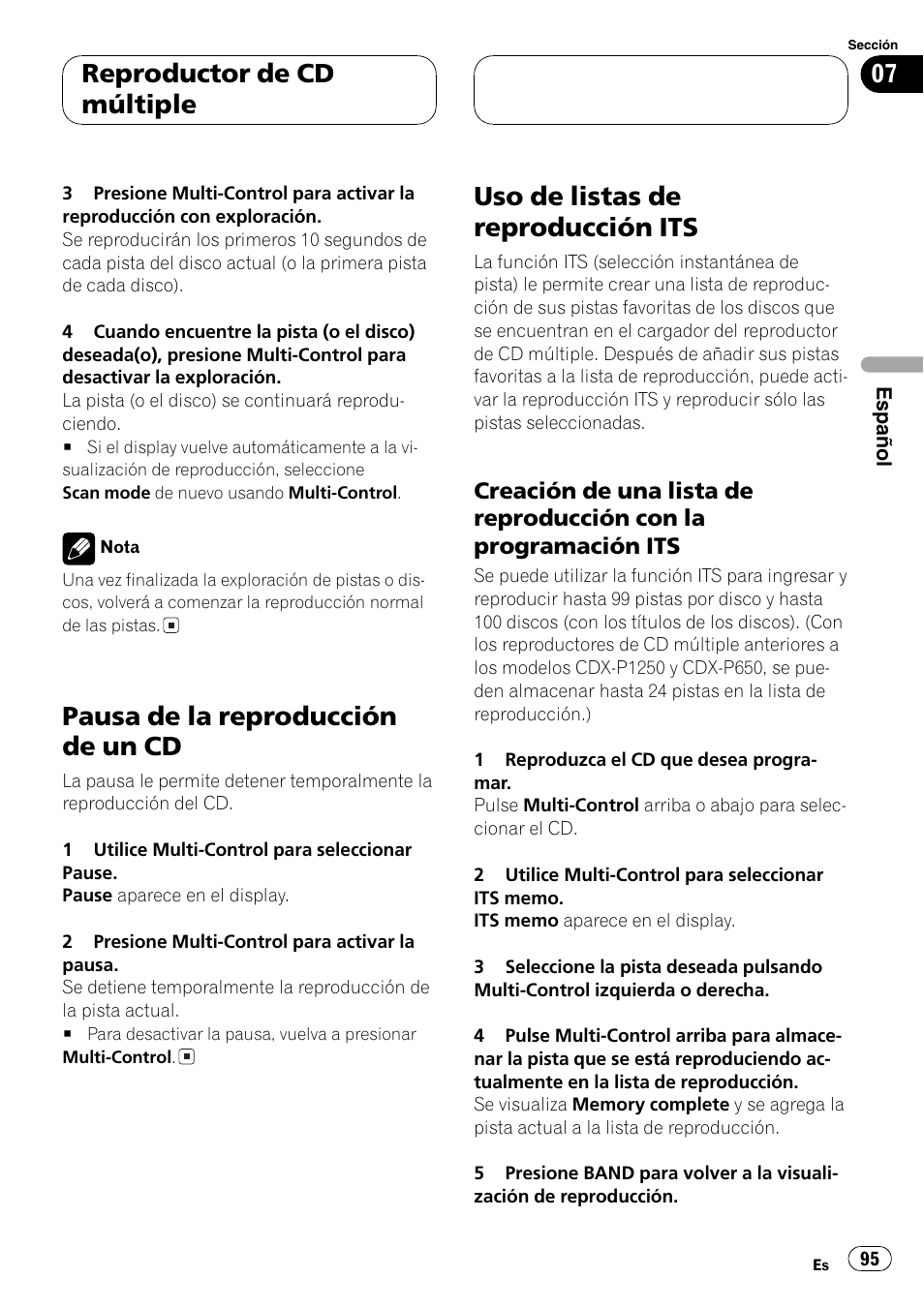 Pausa de la reproducción de un cd 95, Uso de listas de reproducción its 95, Creación de una lista de reproducción | Con la programación its 95, Pausa de la reproducción de un cd, Uso de listas de reproducción its, Reproductor de cd múltiple | Pioneer DEH-P7750MP User Manual | Page 95 / 197