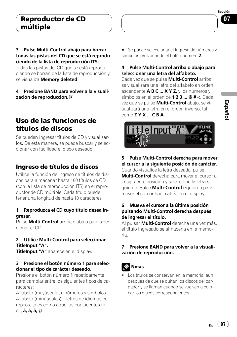 Uso de las funciones de títulos de discos 97, Ingreso de títulos de discos 97, Uso de las funciones de títulos de discos | Reproductor de cd múltiple, Ingreso de títulos de discos | Pioneer DEH-P7750MP User Manual | Page 97 / 197