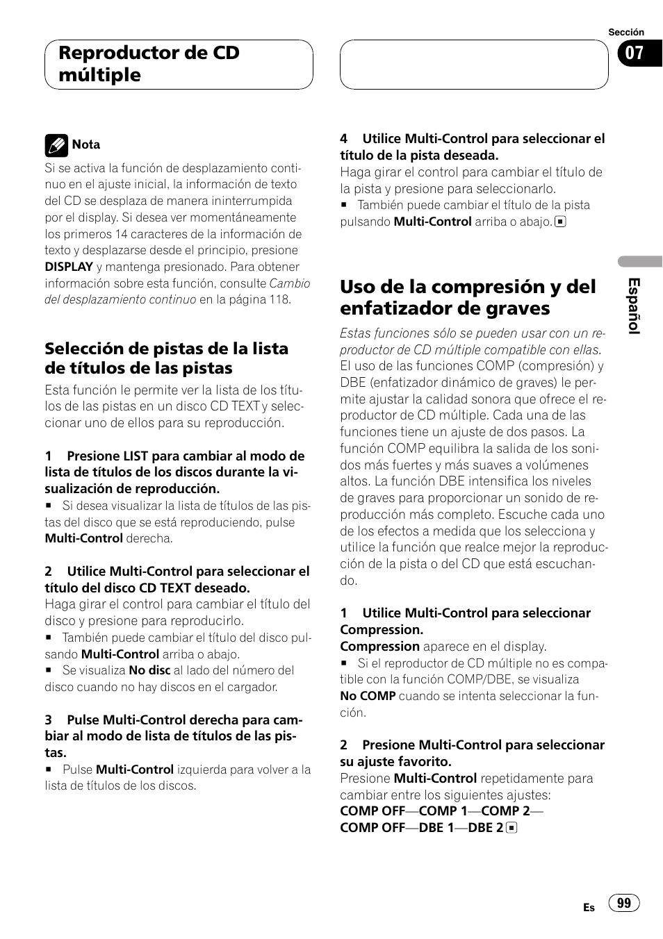 Selección de pistas de la lista de, Títulos de las pistas 99, Uso de la compresión y del enfatizador de | Graves 99, Uso de la compresión y del enfatizador de graves, Reproductor de cd múltiple | Pioneer DEH-P7750MP User Manual | Page 99 / 197